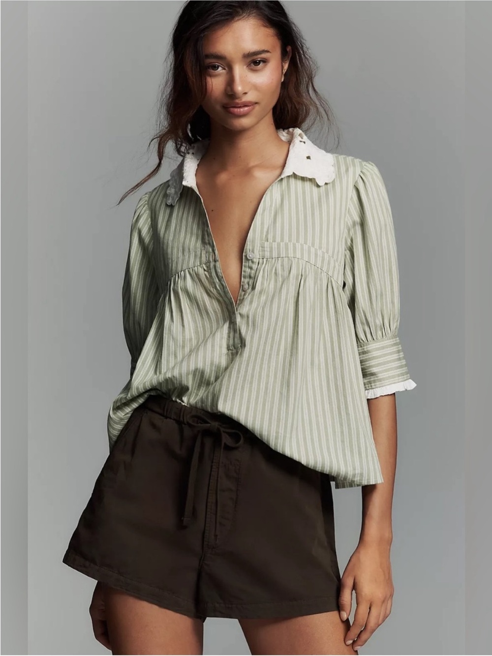 NWT By Anthropologie Long-Sleeve Collared Babydoll Top